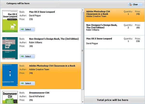 Online Store with dhtmlxDataView - Selected Book List