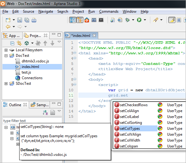 Aptana Studio - Autocompletion for DHTMLX