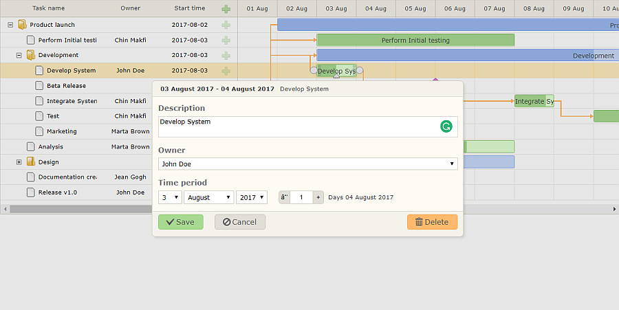 dhtmlx Gantt chart configuring lightbox and user list