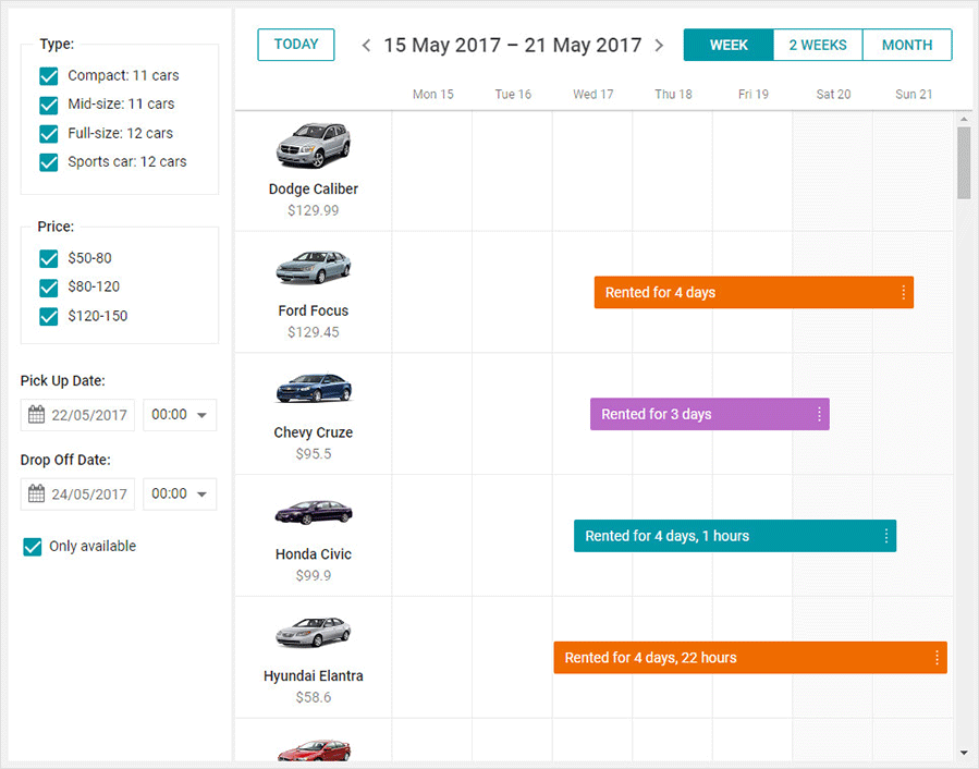 DHTMLX Car Rental Calendar