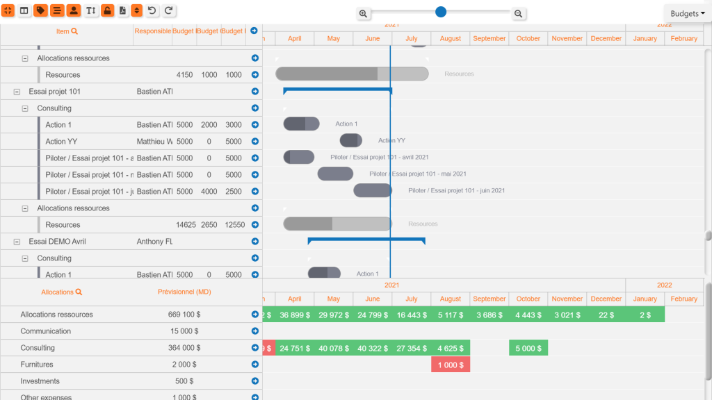 Gantt project with a budget roadmap