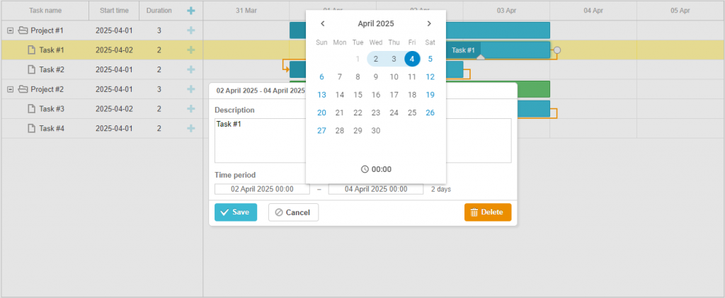 Calendar in the Gantt task lightbox
