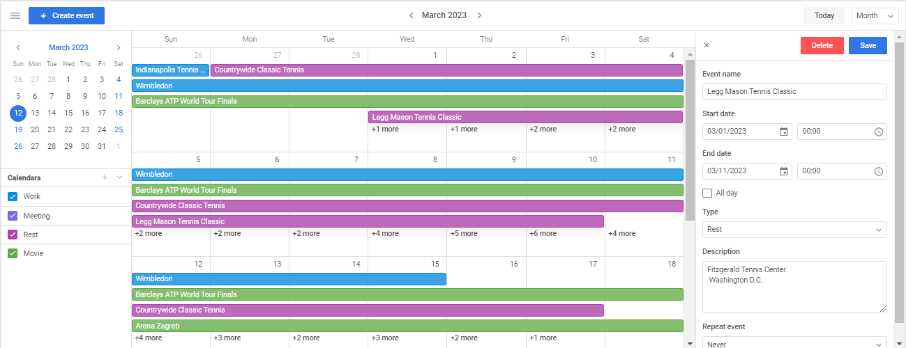 Event Calendar with the editing panel