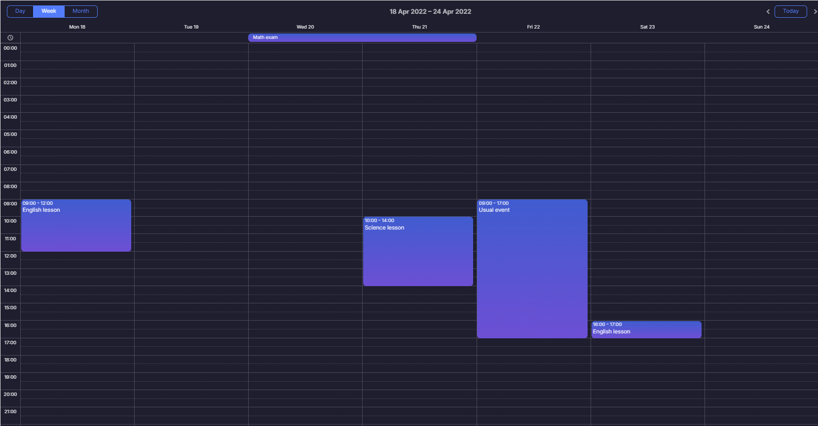 Scheduling calendar with a custom dark theme