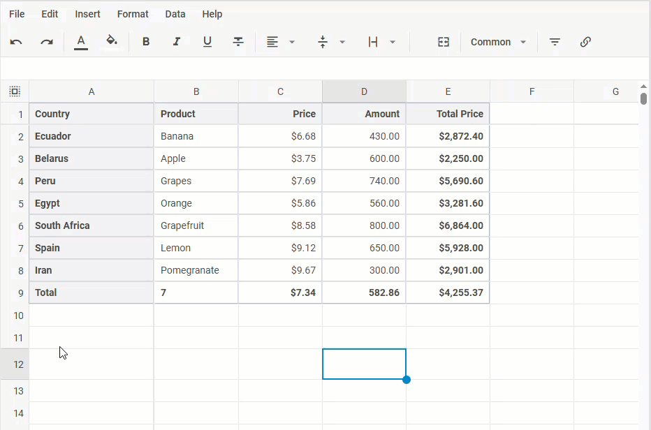 hiding rows and columns