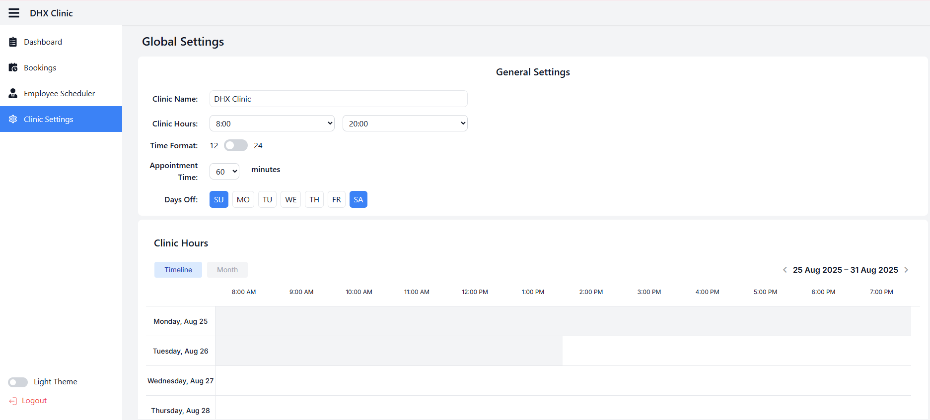 Manager mode - Clinic Settings