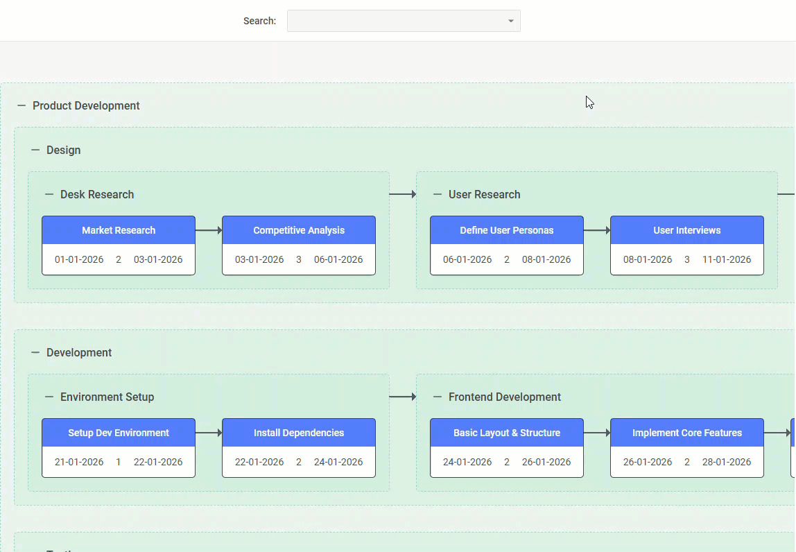 PERT chart with a custom search bar