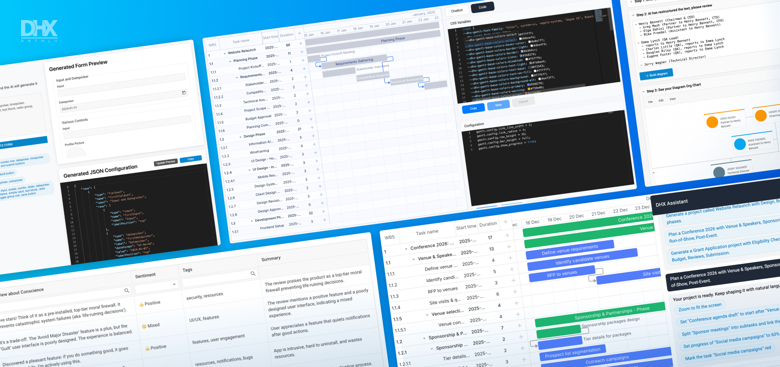 AI demos with Gantt, Grid, Diagram, and Form