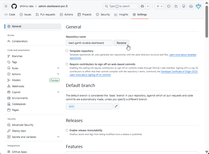 "Rename project" option on GitHub