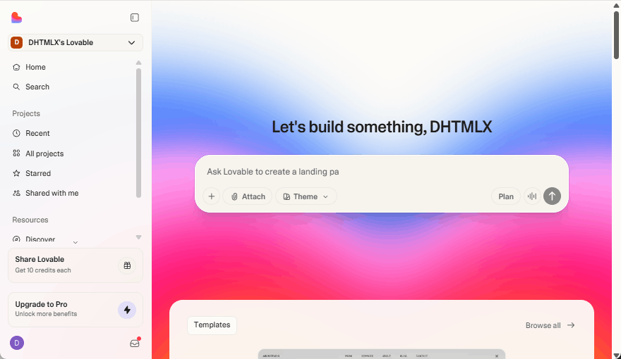 menu for project creation input