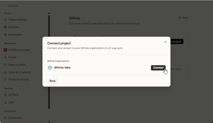 Lovable connects to your GitHub account