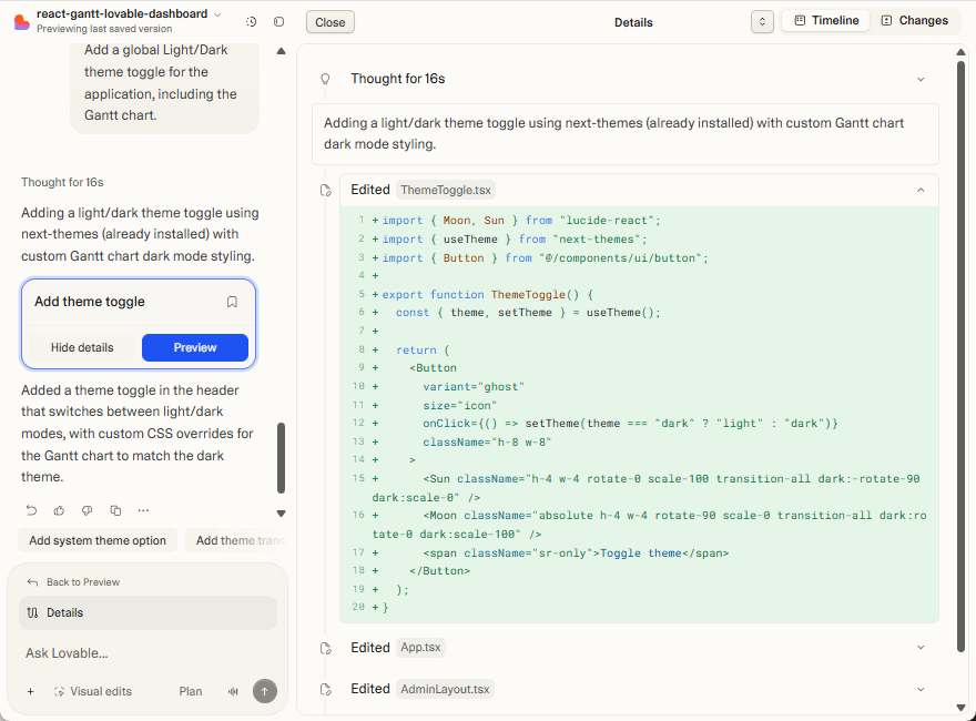 theme toggle implementation in code