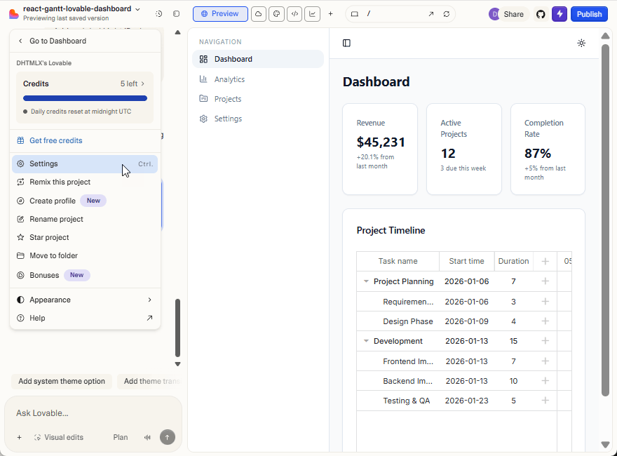 Project settings in Lovable