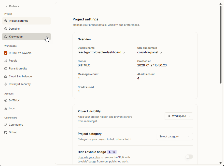 Knowledge section in Project settings