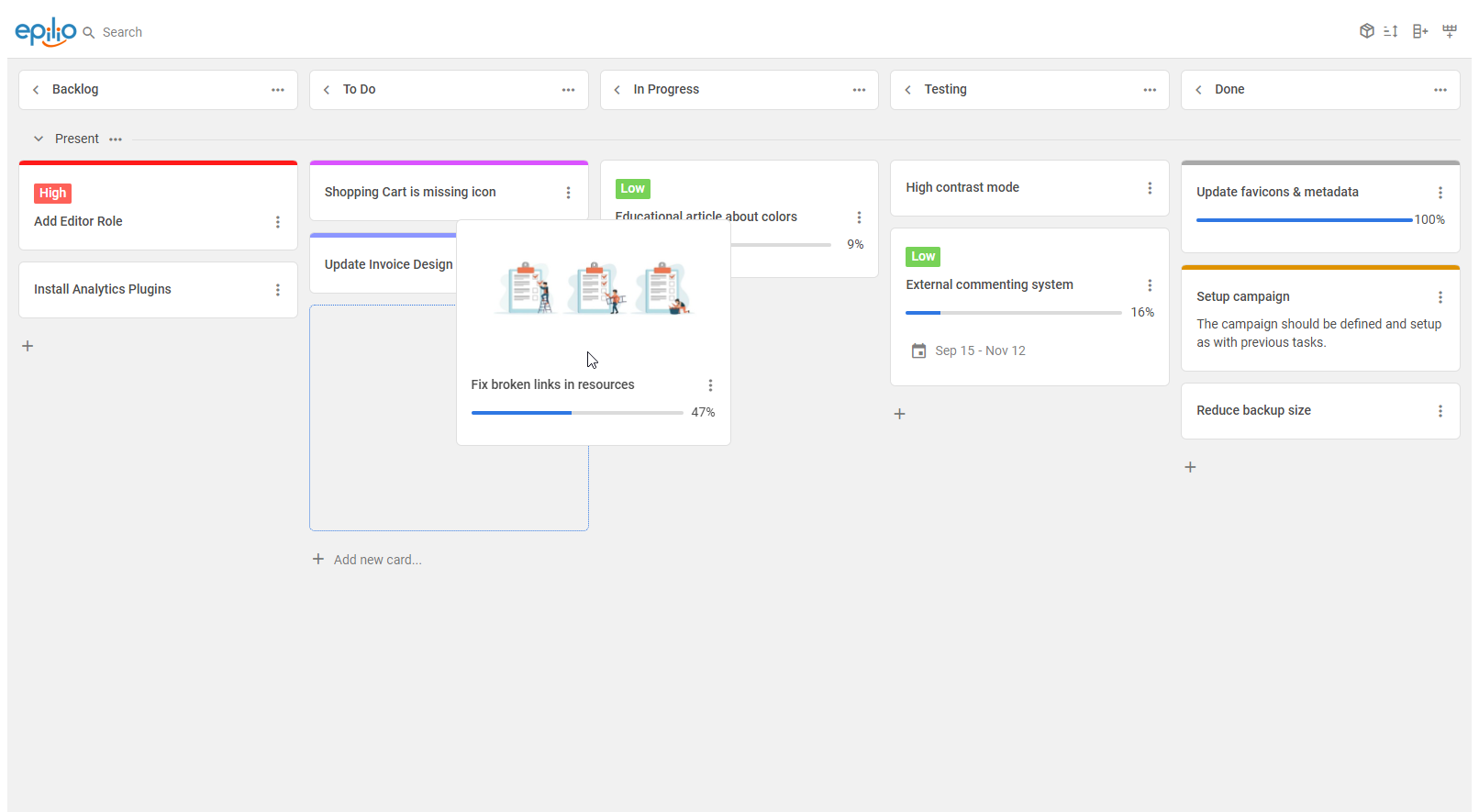 Epilio Kanban Boards - dragging tasks