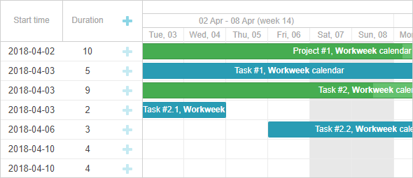 Working calendar for the whole project