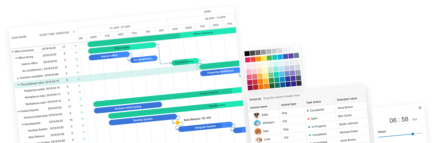 DHTMLX widgets: Gantt, Colorpicker, Grid, Timepicker